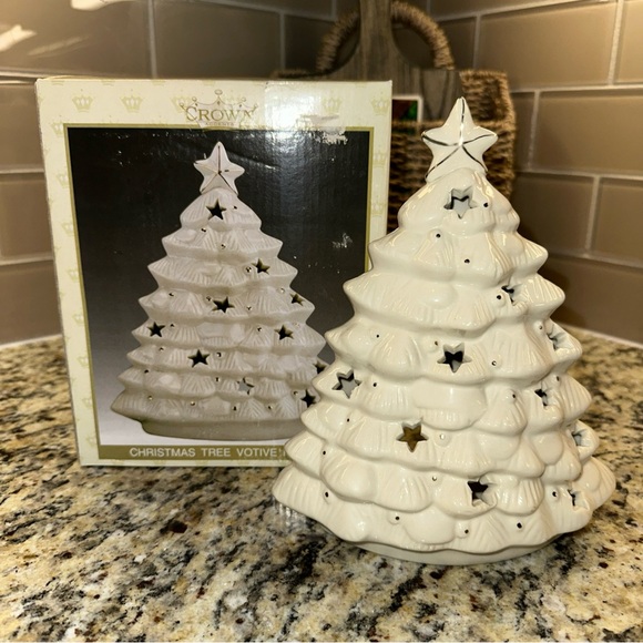 Vintage Crown Accents Ceramic White Christmas Tree Votive Holder Holiday Decor - Picture 5 of 5